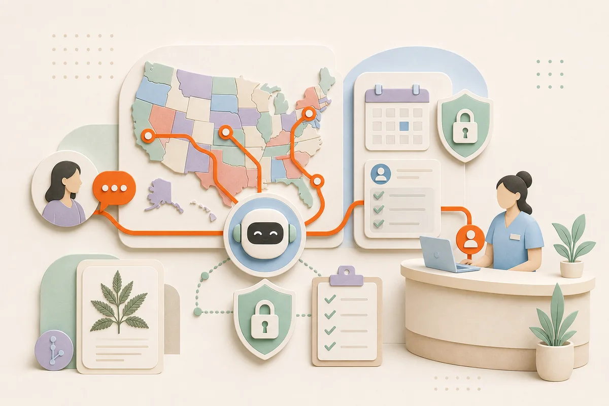 AI support routing U.S. medical cannabis clinic questions by state with privacy controls and human escalation