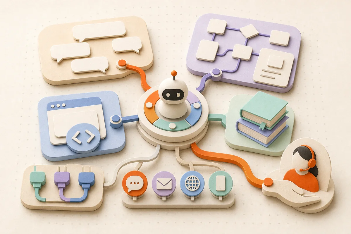 AI agent connecting chat, workflows, code, knowledge, channels, and human support