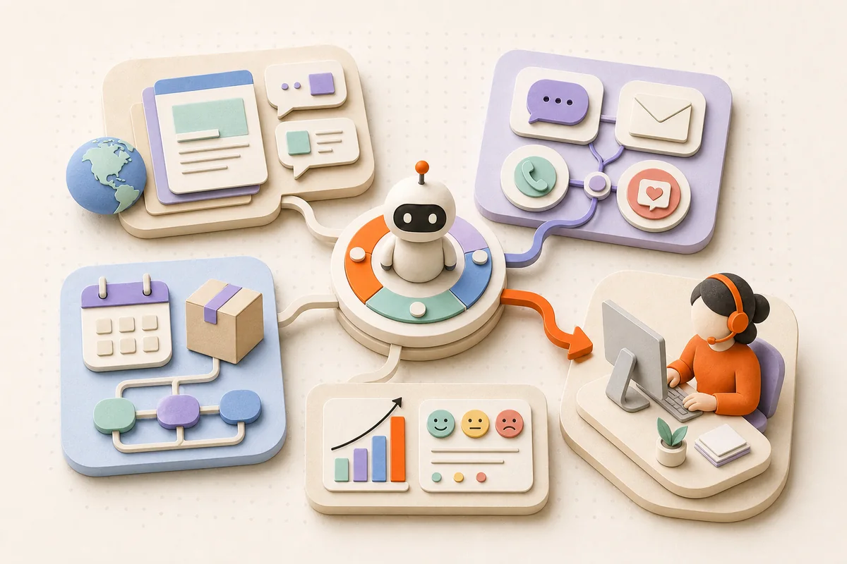 AI support agent connecting business knowledge, customer channels, actions, analytics, and human handoff